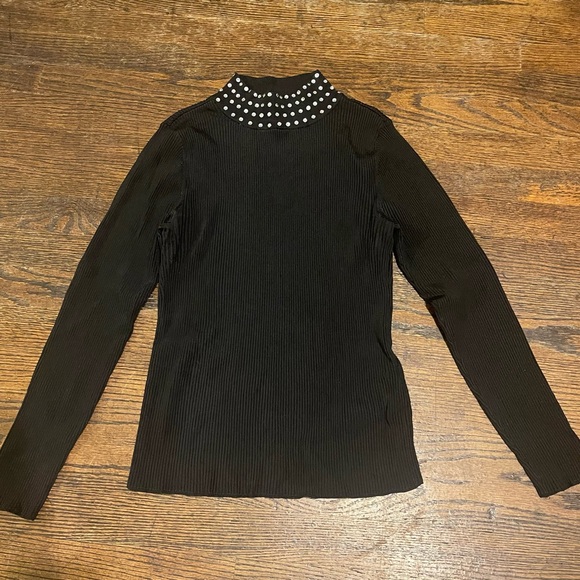 INC International Concepts Black Ribbed Sweater with Rhinestone Collar - Picture 4 of 11
